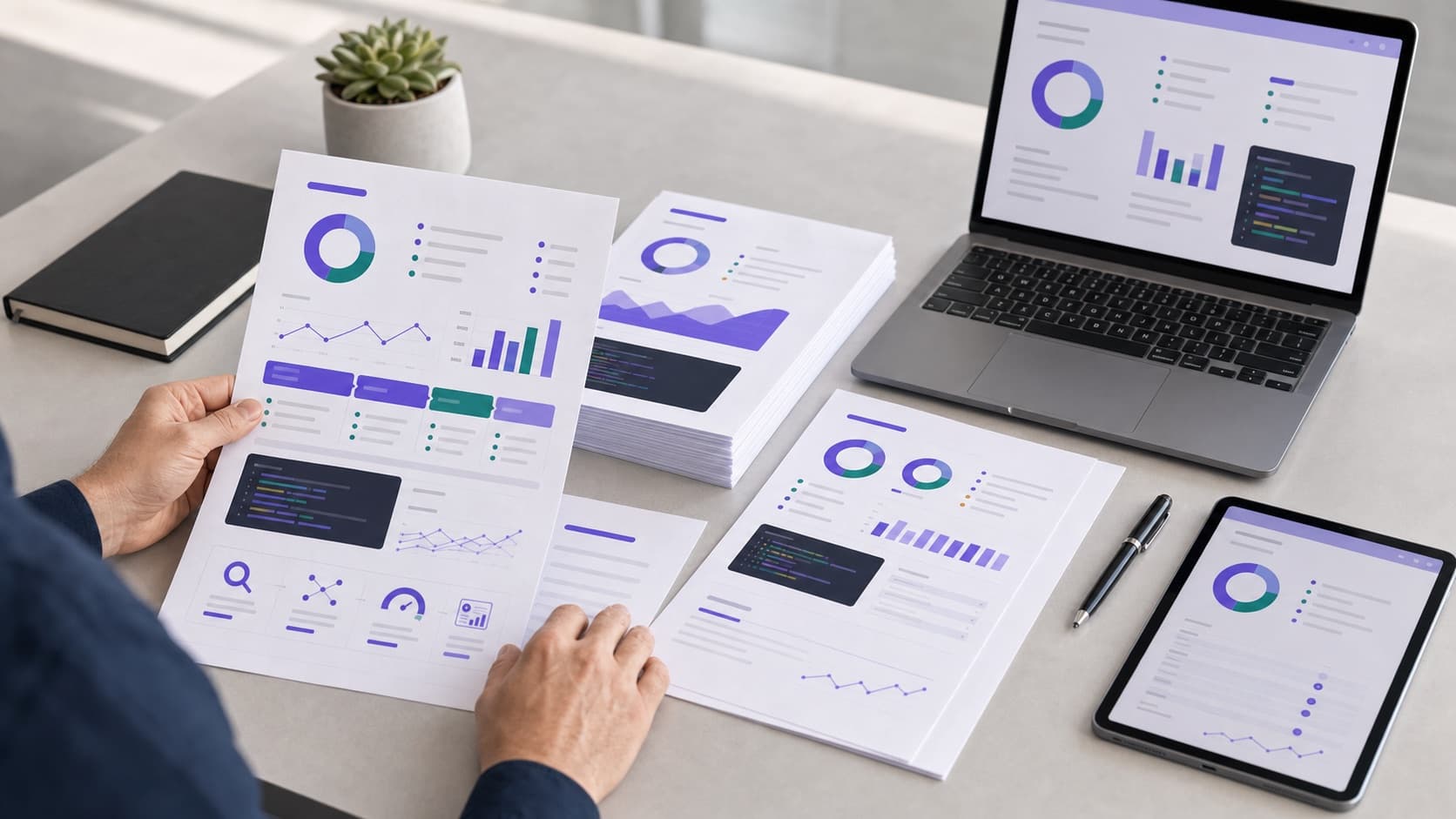SEO-Audit-Lieferpaket mit abstrakten Reportseiten, Dashboard und Code-Bloecken
