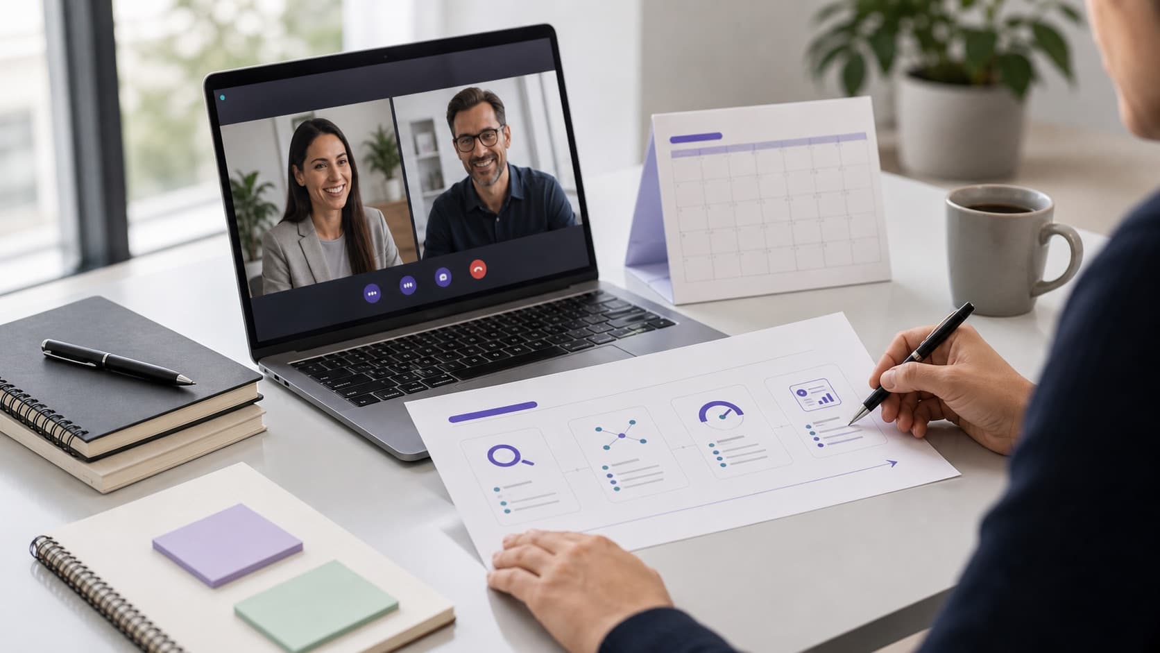 Beratungssituation mit Laptop, Video-Call und abstrakter Audit-Roadmap