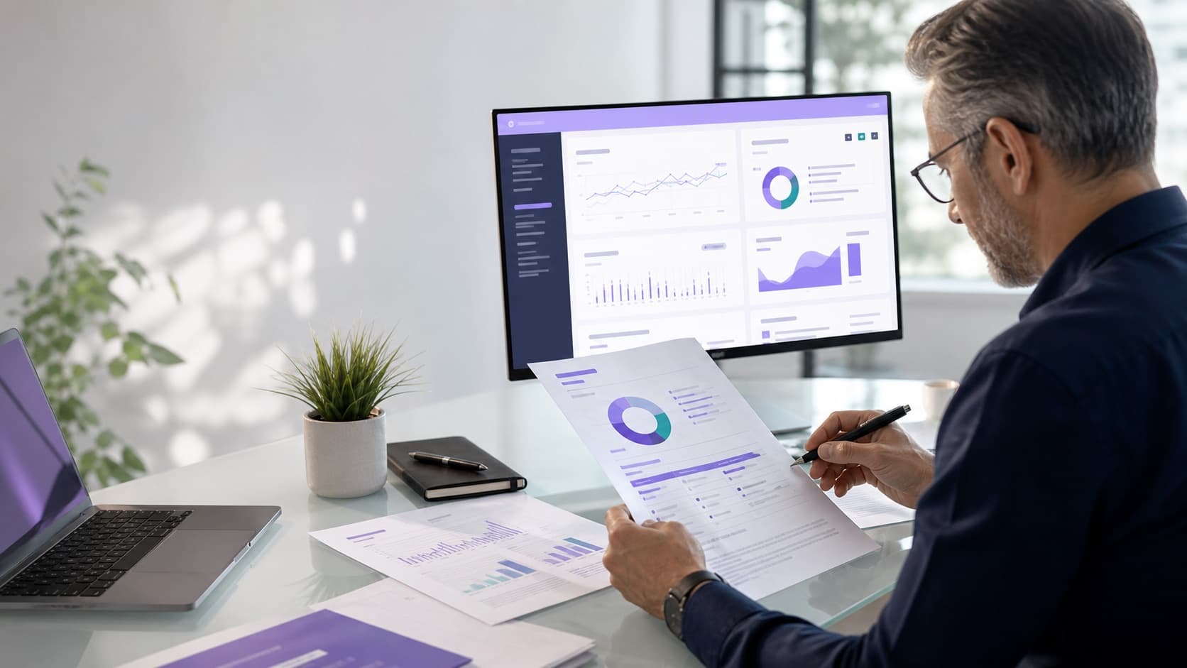 SEO-Berater prueft einen Audit-Report neben einem abstrakten Analyse-Dashboard