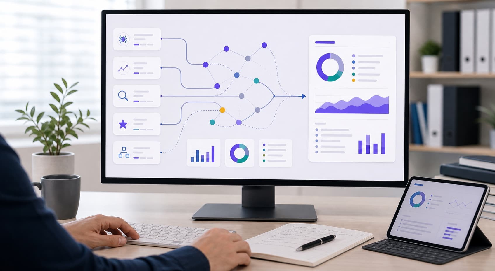 Abstrakte Datenquellen laufen auf einem Monitor zu einem SEO-Audit-Report zusammen